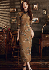 Stand-Up Neckline, High Slit, Seven-Part Sleeve Lace Cheongsam Maxi Dress
